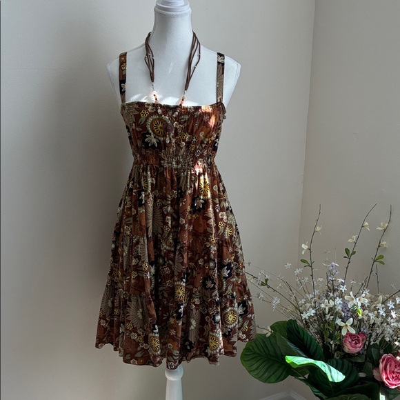 Retro Boho Whimsical Floral Chocolate Brown Dress Size Small - Picture 3 of 6